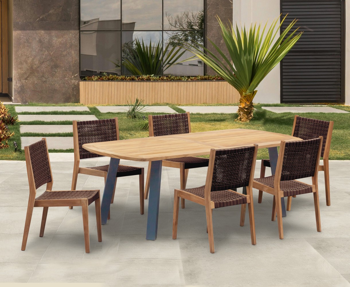 Disk 220cm Teak and Steel Table and 6 Sora Chairs Set
