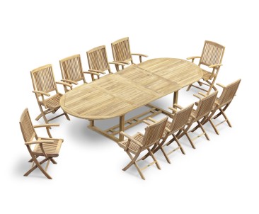 Brompton Teak Extending Table & 10 Rimini Folding Armchairs Outdoor Dining Set