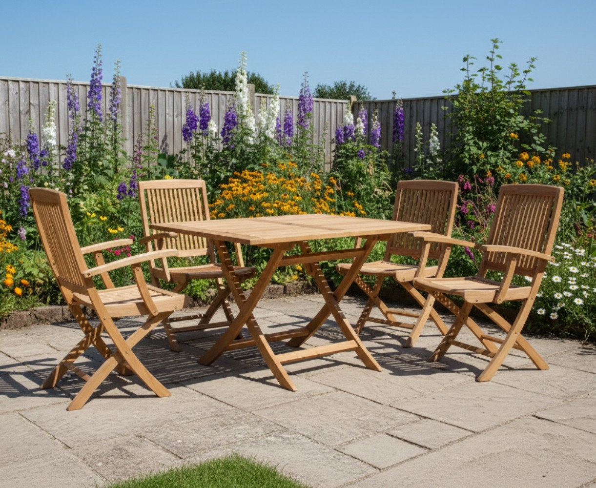 Rimini Teak Folding Table and 4 Folding Armchairs Garden Set