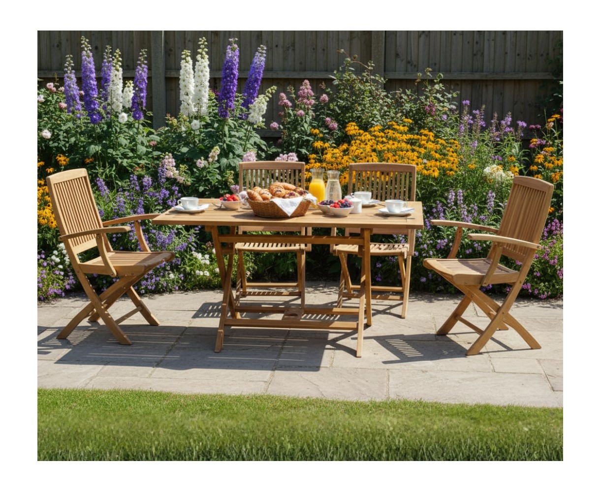 Rimini Teak Folding Table and 4 Folding Armchairs Garden Set