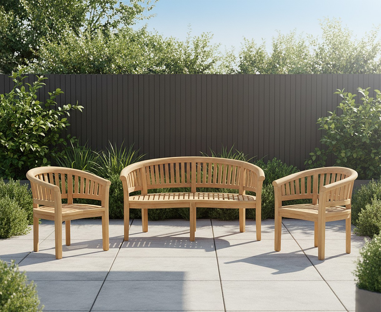Wimbledon Teak Banana Bench and Chairs Garden Set