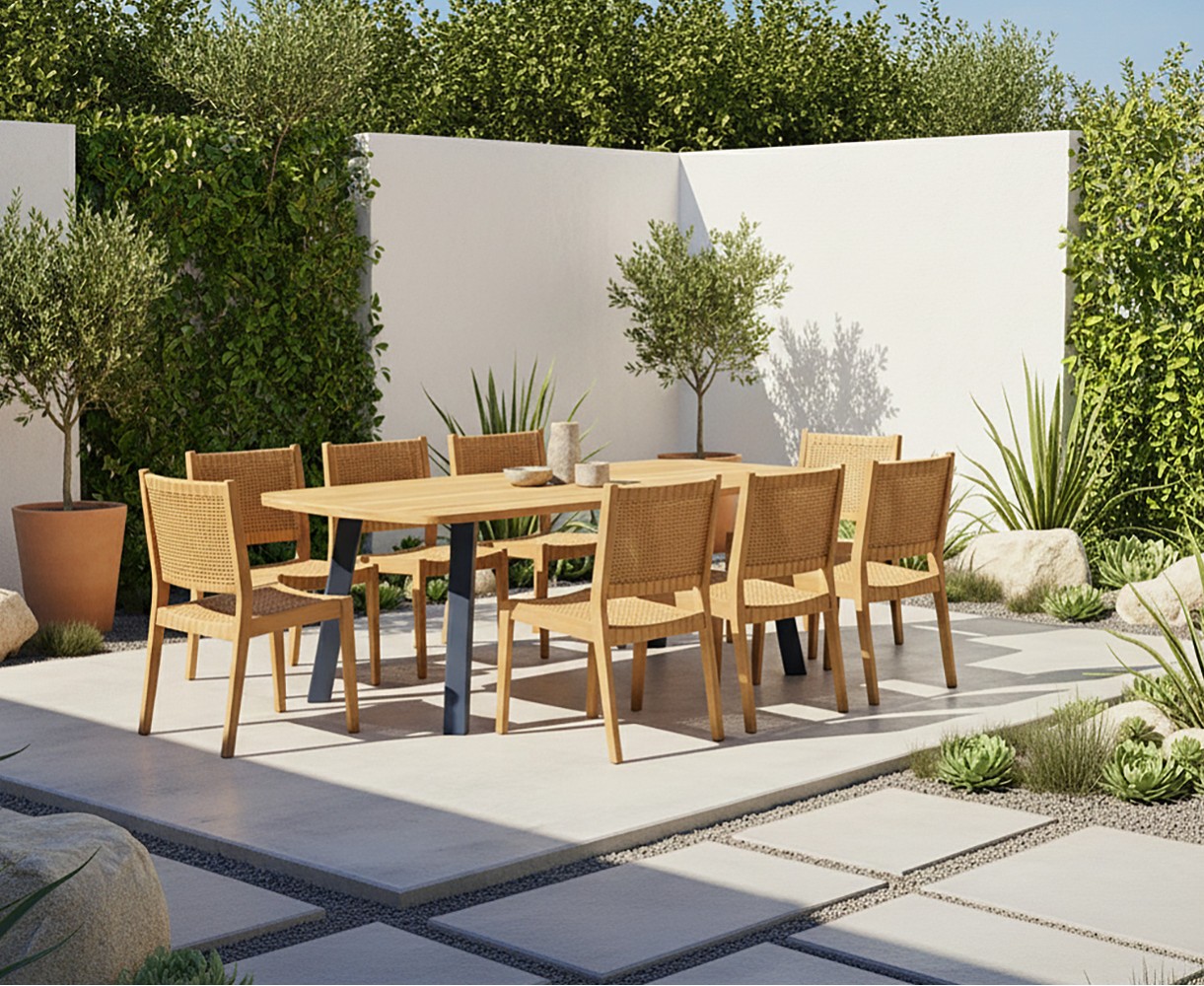 Disk 220cm Oval Table and 8 Sora Woven Stacking Chairs Set
