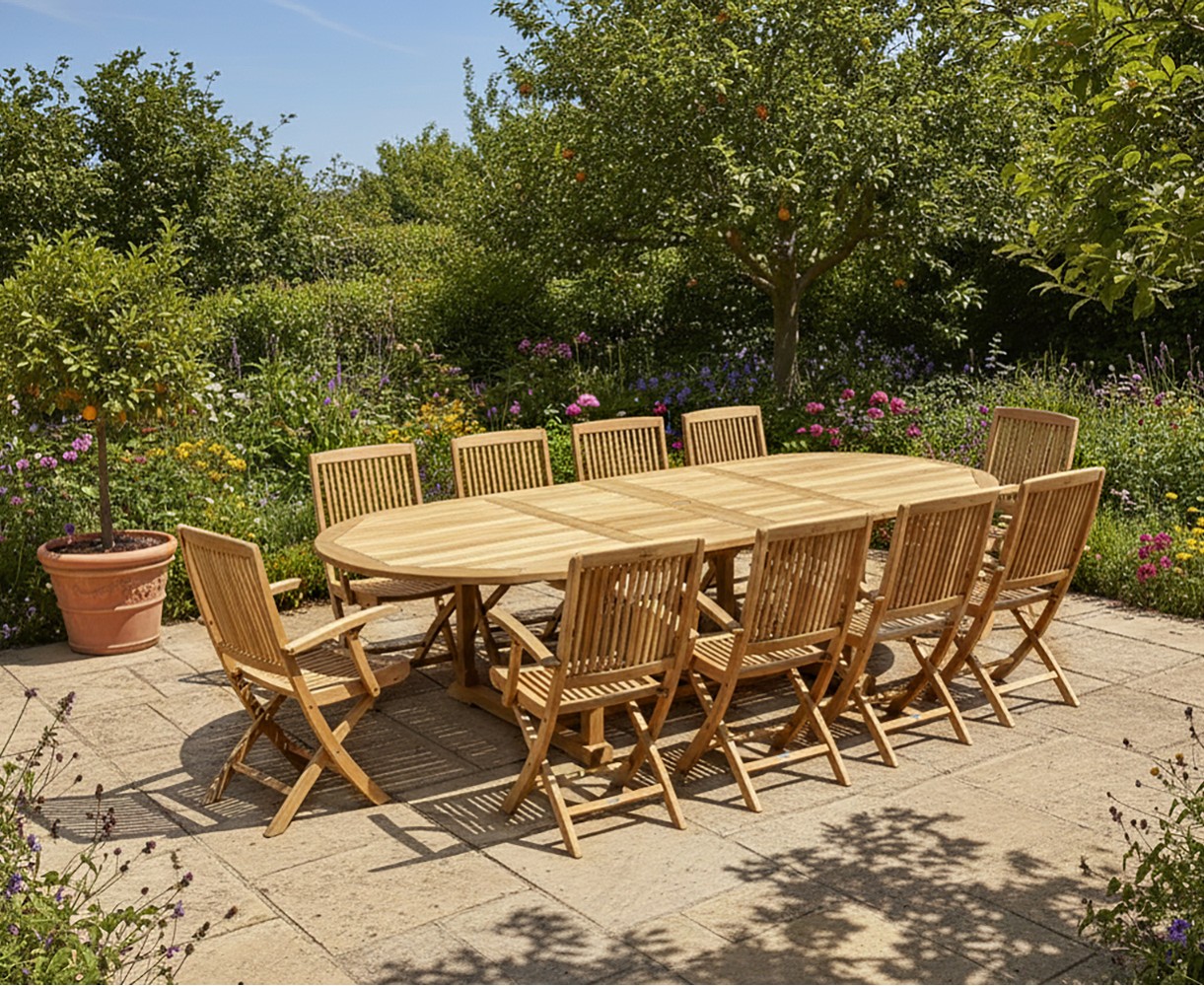 Brompton Teak Extending Table & 10 Rimini Folding Armchairs Outdoor Dining Set