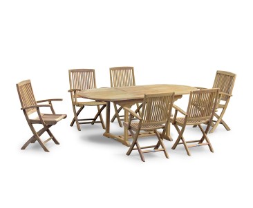 Brompton Single-Leaf Extending Teak Table and 6 Rimini Folding Armchairs