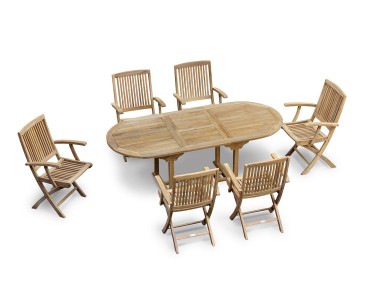 Brompton Single-Leaf Extending Teak Table and 6 Rimini Folding Armchairs