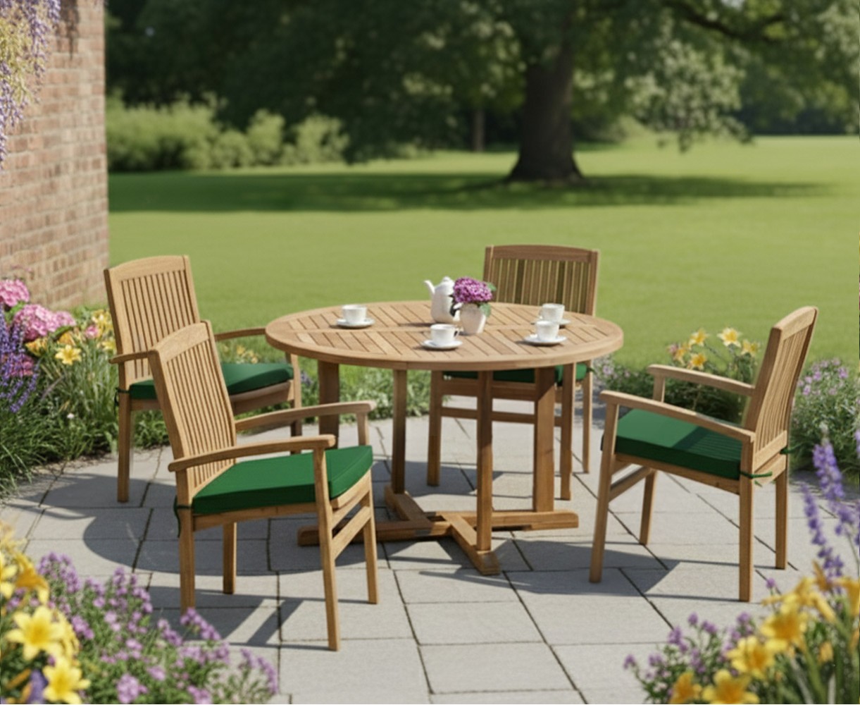 Canfield Round Patio Table and 4 Bali Stacking Chairs