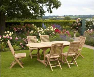 Brompton Single-Leaf Extending Table and 6 Bali Teak Folding Chairs