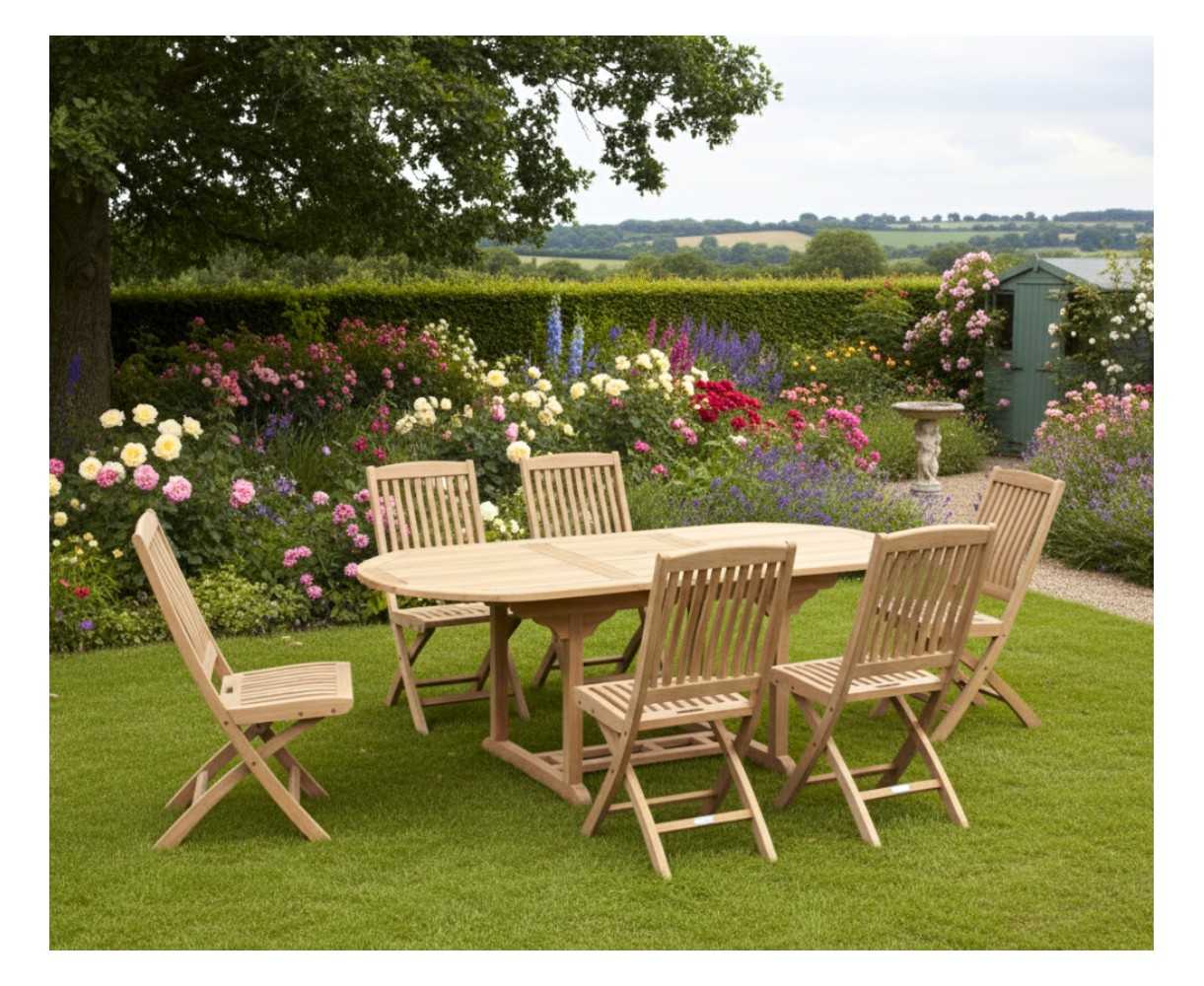 Brompton Single-Leaf Extending Table and 6 Bali Teak Folding Chairs