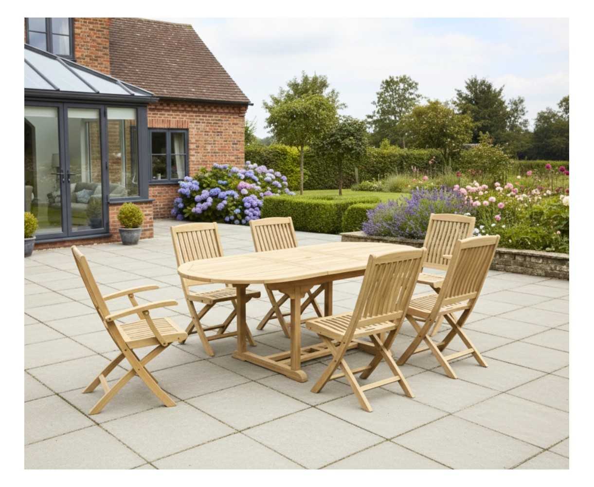 Brompton Teak Extending Garden Dining Table and Bali Folding Chairs Set