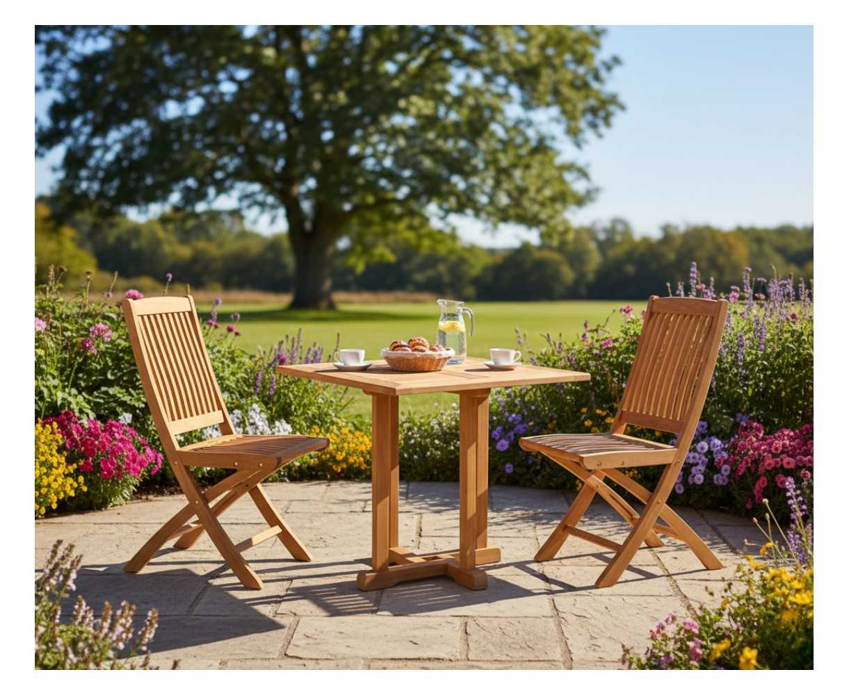 Canfield Bijou 2 Seater Teak Square Garden Table and Bali Folding Chairs Set