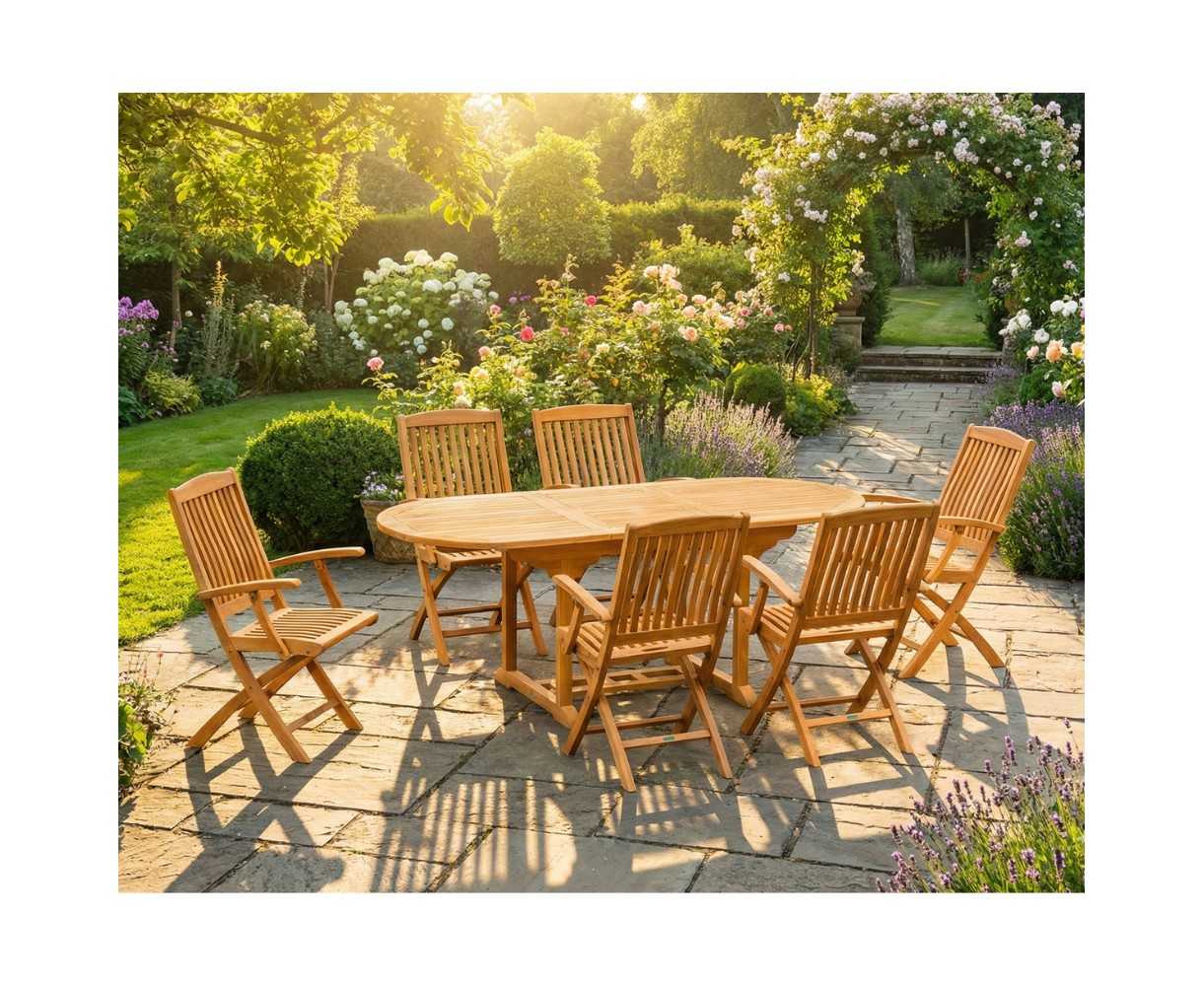 Brompton Single-Leaf Extending Table and 6 Bali Fold-Up Armchairs