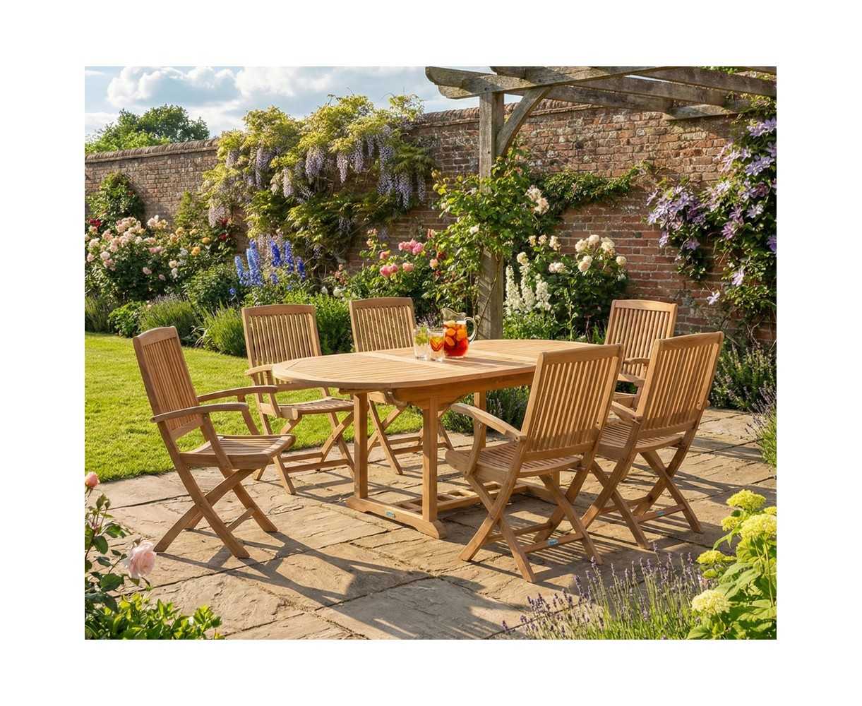 Brompton Single-Leaf Extending Teak Table and 6 Rimini Folding Armchairs