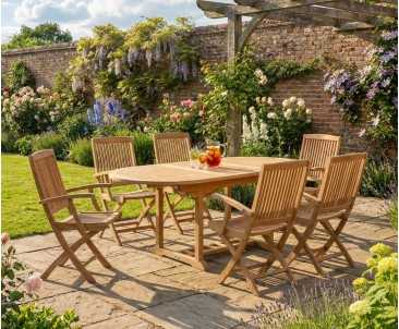 Brompton Single-Leaf Extending Teak Table and 6 Rimini Folding Armchairs