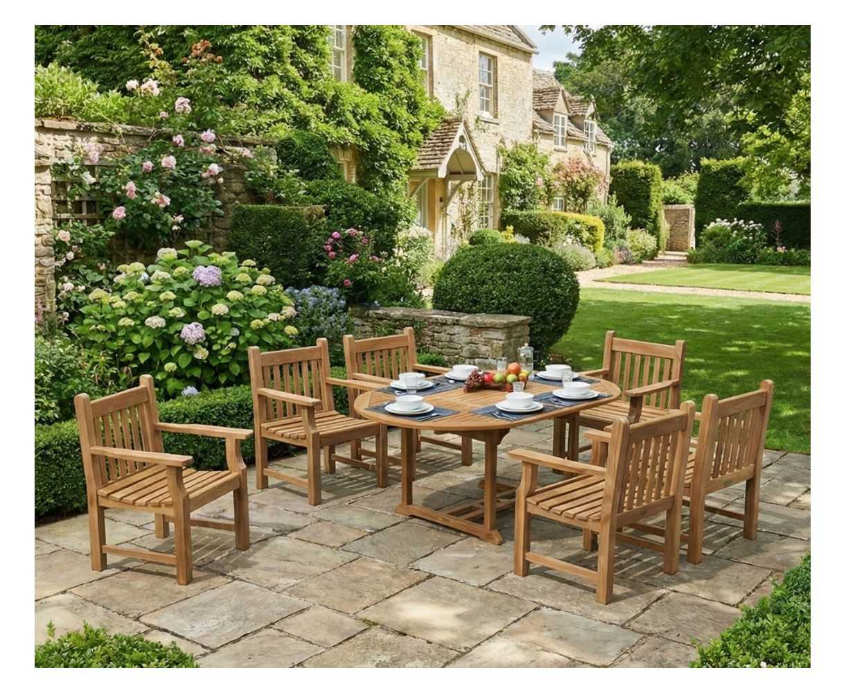 Taverners Teak 6 Seater Garden Table and Armchairs Set