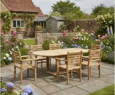 Brompton Teak Extendable Table and 6 Yale Stacking Armchairs Set