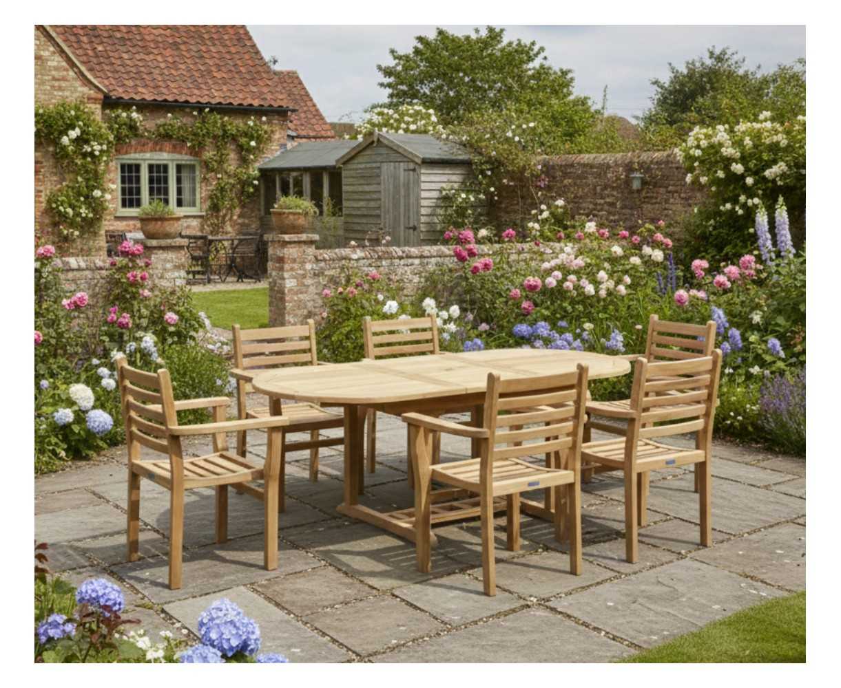 Brompton Teak Extendable Table and 6 Yale Stacking Armchairs Set