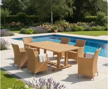 Cadogan Teak Wood Pedestal Table 2m & 6 Riviera Rattan Chairs