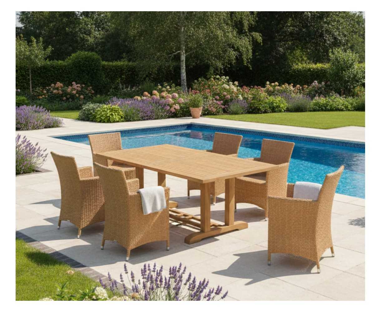 Cadogan Teak Wood Pedestal Table 2m & 6 Riviera Rattan Chairs