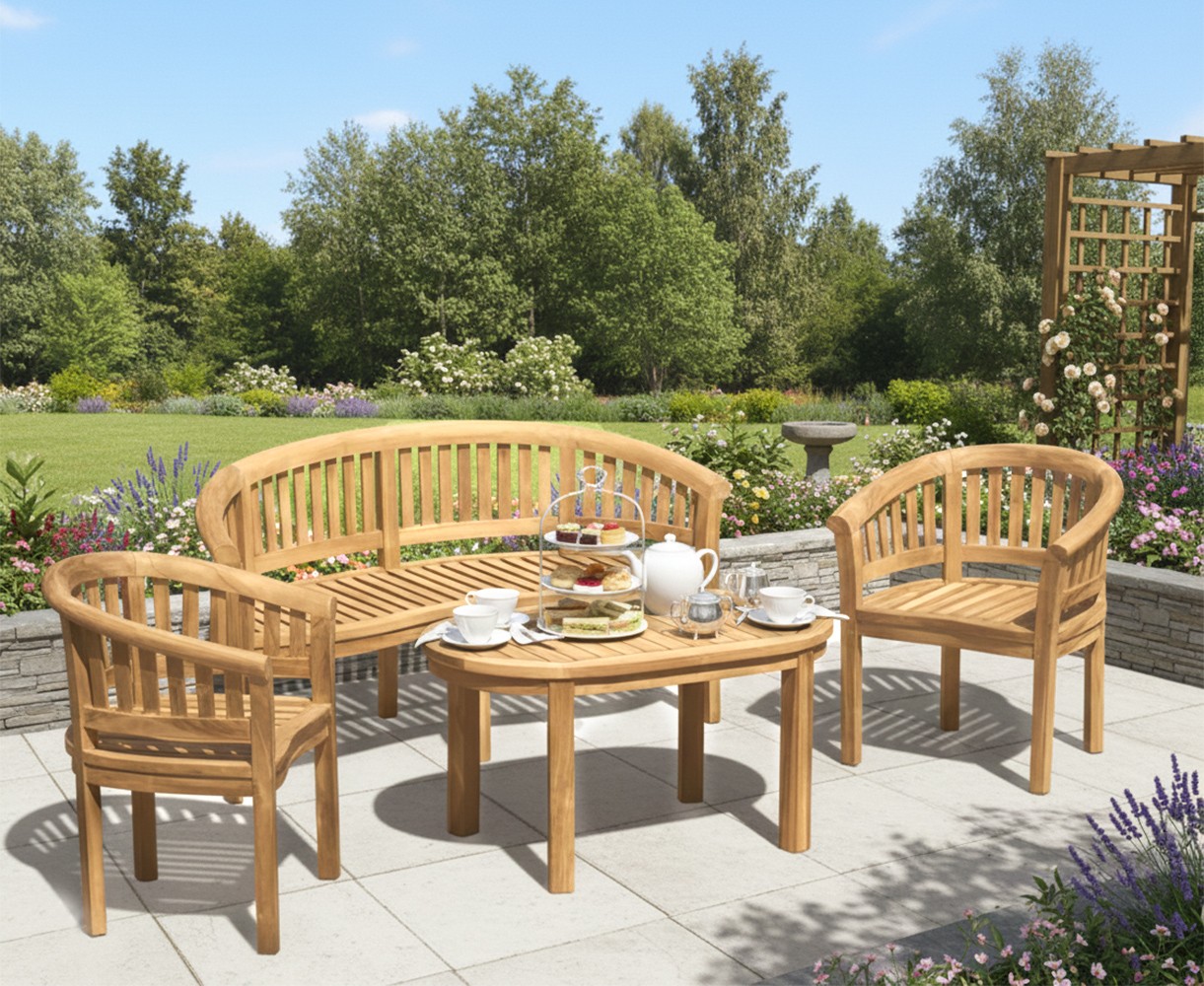 Modern Teak Banana Bench, Table and Chairs Set