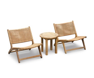 Round Teak Side Table and Amalfi Flat Weave Lounge Chairs - Honey Wicker