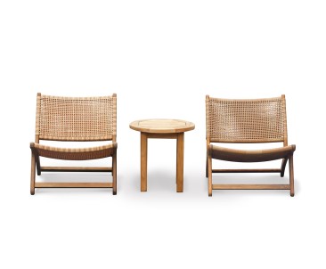 Round Teak Side Table and Amalfi Flat Weave Lounge Chairs - Honey Wicker