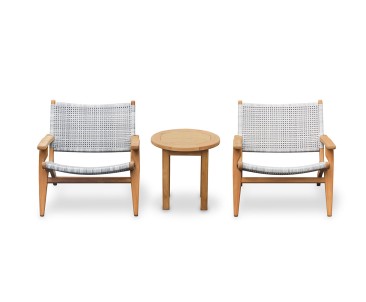 Round Teak Garden Side Table and Amalfi Flat Weave Armchairs Set - Honey Wicker