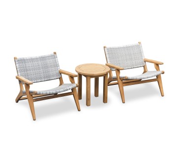 Round Teak Garden Side Table and Amalfi Flat Weave Armchairs Set - Honey Wicker