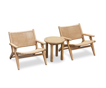 Round Teak Garden Side Table and Amalfi Flat Weave Armchairs Set - Honey Wicker
