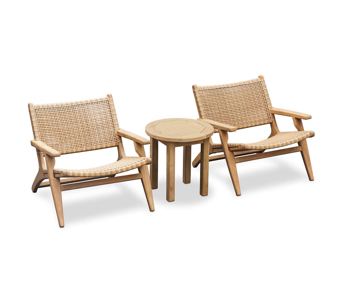 Round Teak Garden Side Table and Amalfi Flat Weave Armchairs Set - Honey Wicker