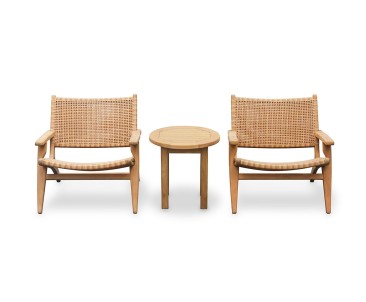 Round Teak Garden Side Table and Amalfi Flat Weave Armchairs Set - Honey Wicker