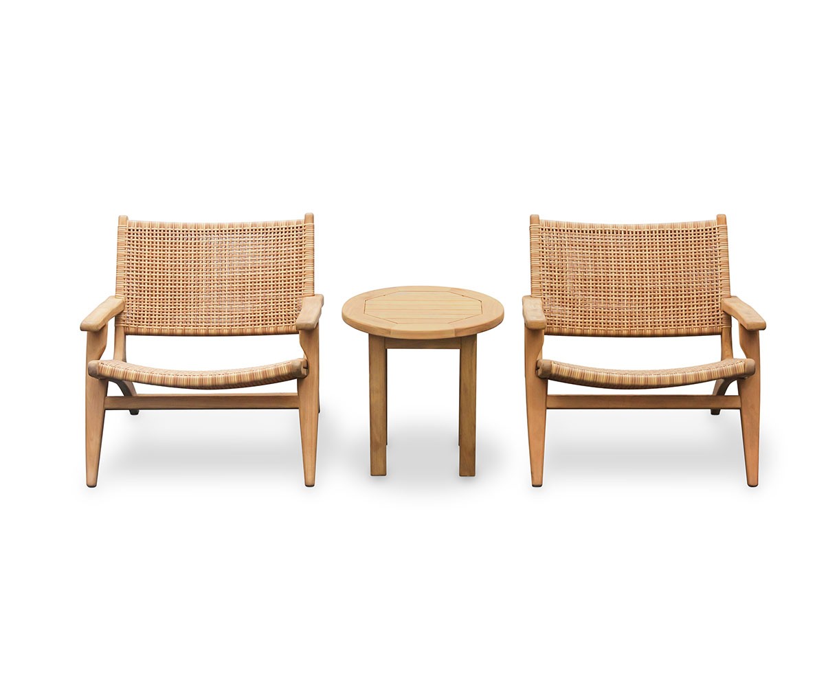 Round Teak Garden Side Table and Amalfi Flat Weave Armchairs Set - Honey Wicker