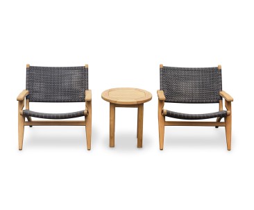 Round Teak Garden Side Table and Amalfi Flat Weave Armchairs Set - Honey Wicker