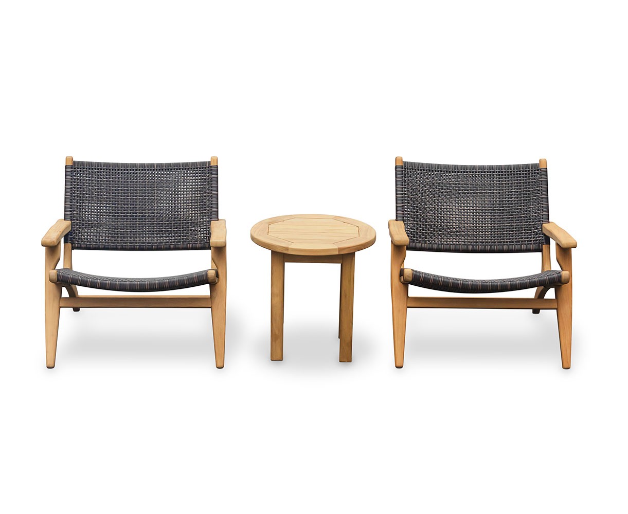 Round Teak Garden Side Table and Amalfi Flat Weave Armchairs Set - Honey Wicker