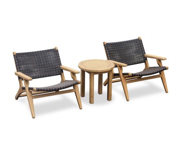 Round Teak Garden Side Table and Amalfi Flat Weave Armchairs Set - Honey Wicker