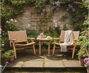 Round Teak Garden Side Table and Amalfi Flat Weave Armchairs Set - Honey Wicker