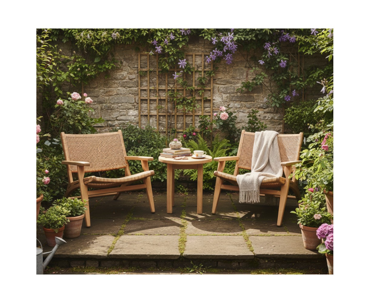 Round Teak Garden Side Table and Amalfi Flat Weave Armchairs Set - Honey Wicker
