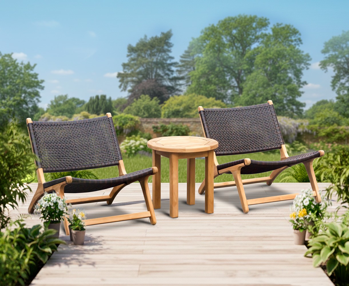 Round Teak Side Table and Amalfi Flat Weave Lounge Chairs
