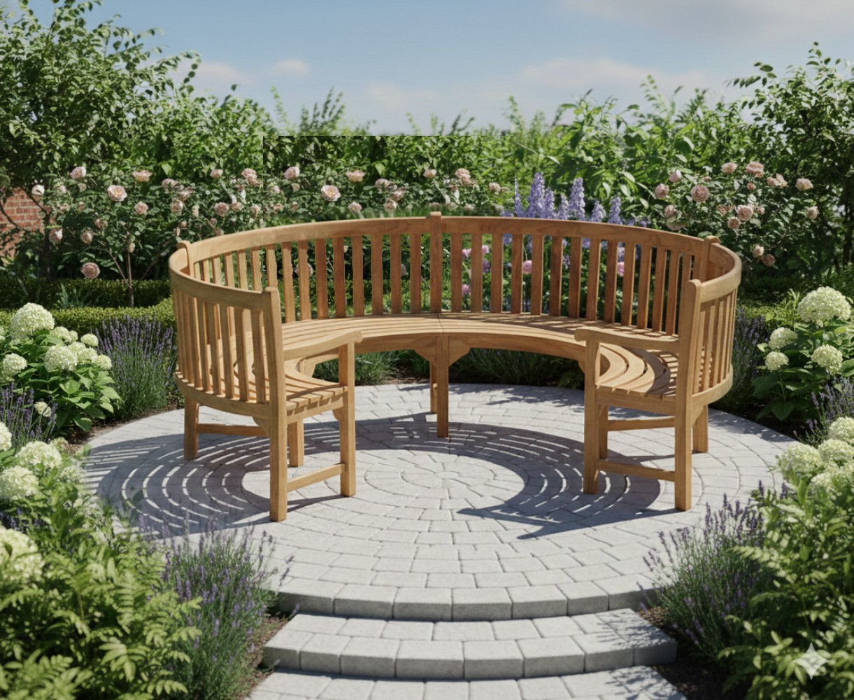 Henley 3/4 Teak Curved Wooden Bench with Arms