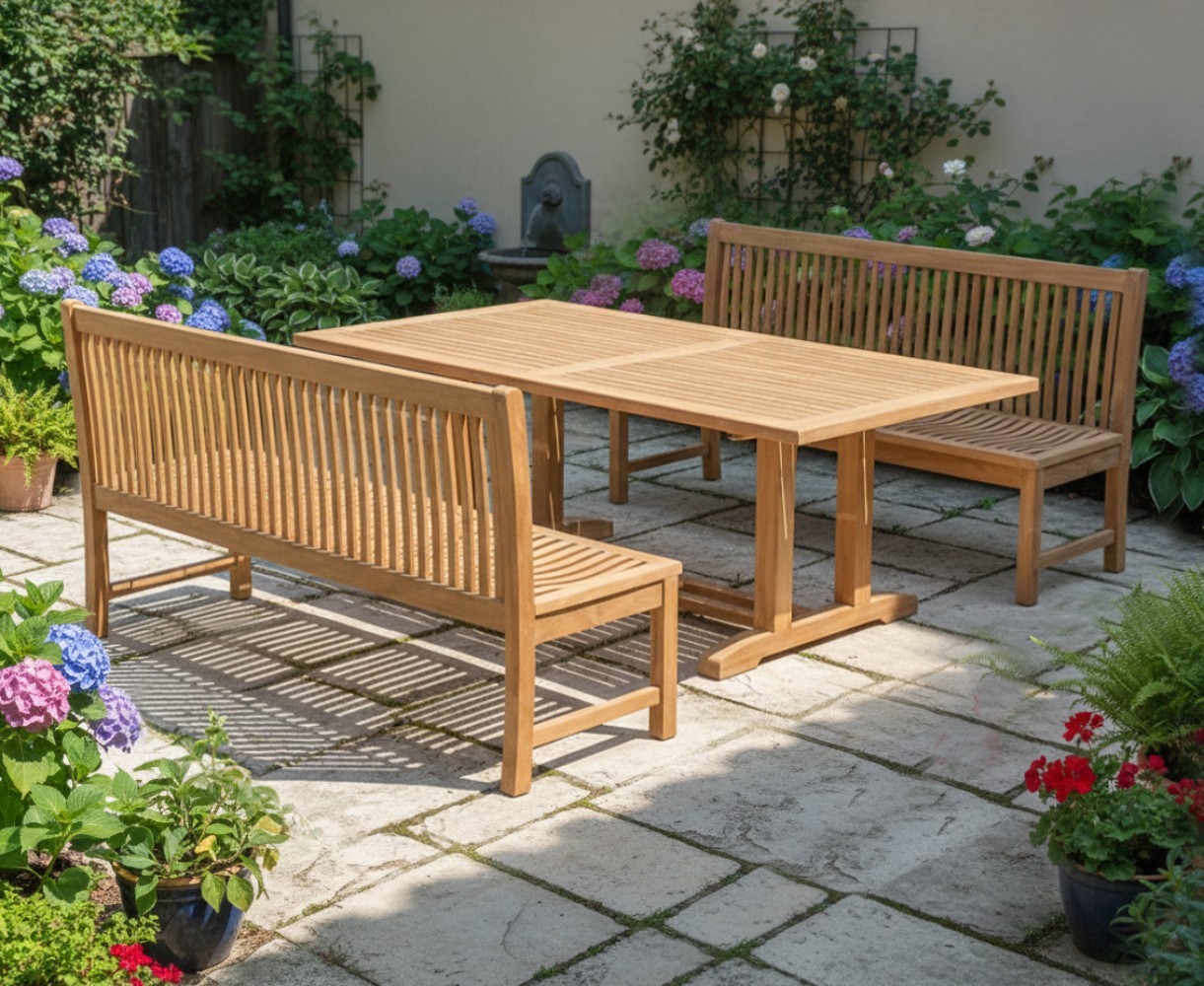 Cadogan 8 Seater Teak Pedestal Table 1.8m with Canterbury Dining Benches