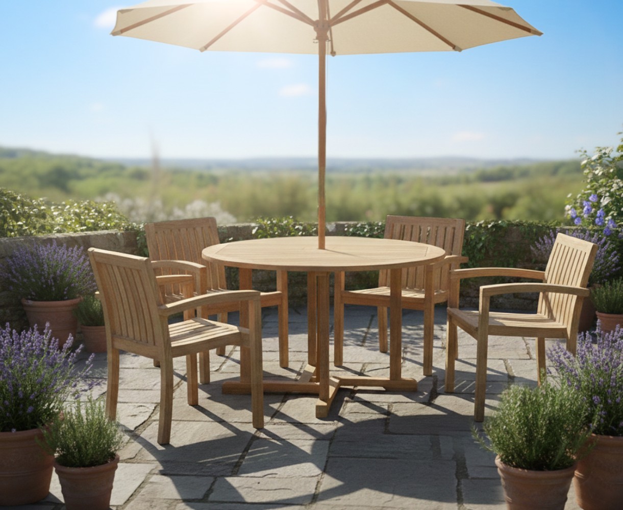 Canfield Teak Patio Table and Stacking Chairs