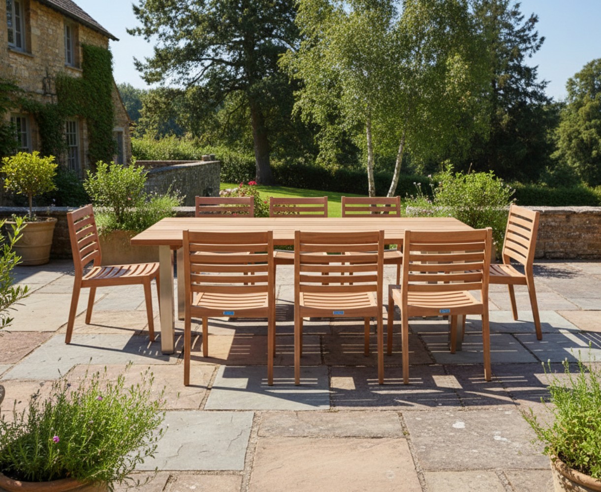 Marina 220cm Table and 8 Vero Teak Stacking Chairs