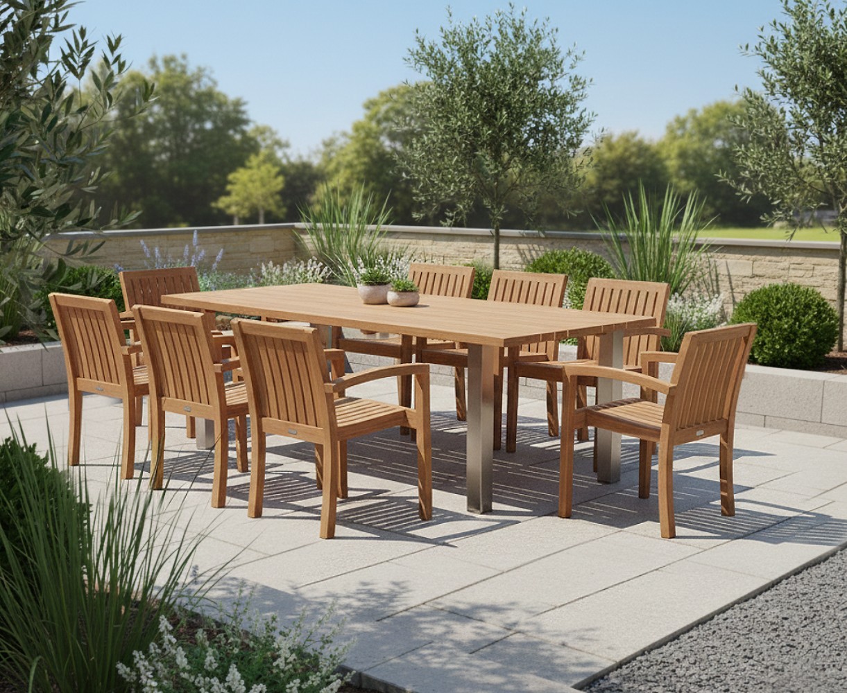 Marina 220cm Table & 8 Teak Monaco Stacking Chairs