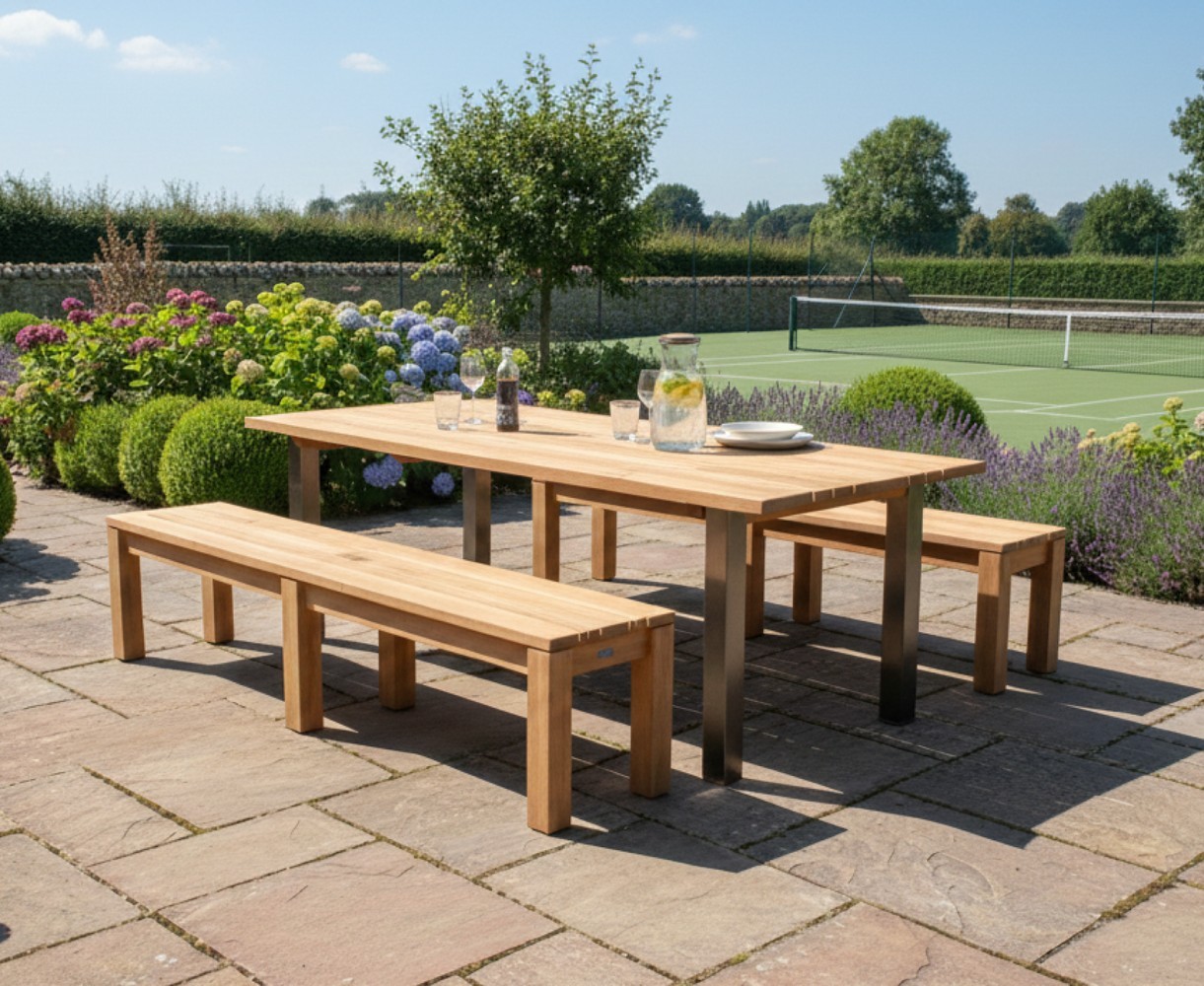 Marina 2.2m Teak Garden Table and Chichester 2m Benches