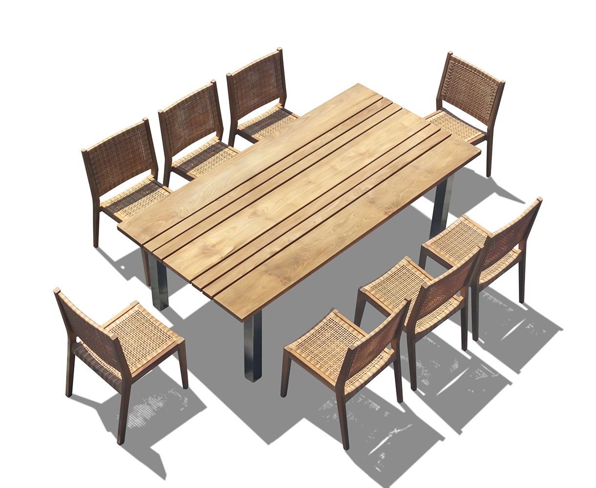 Marina Teak 220cm Garden Table and 8 Sora Stacking Chairs