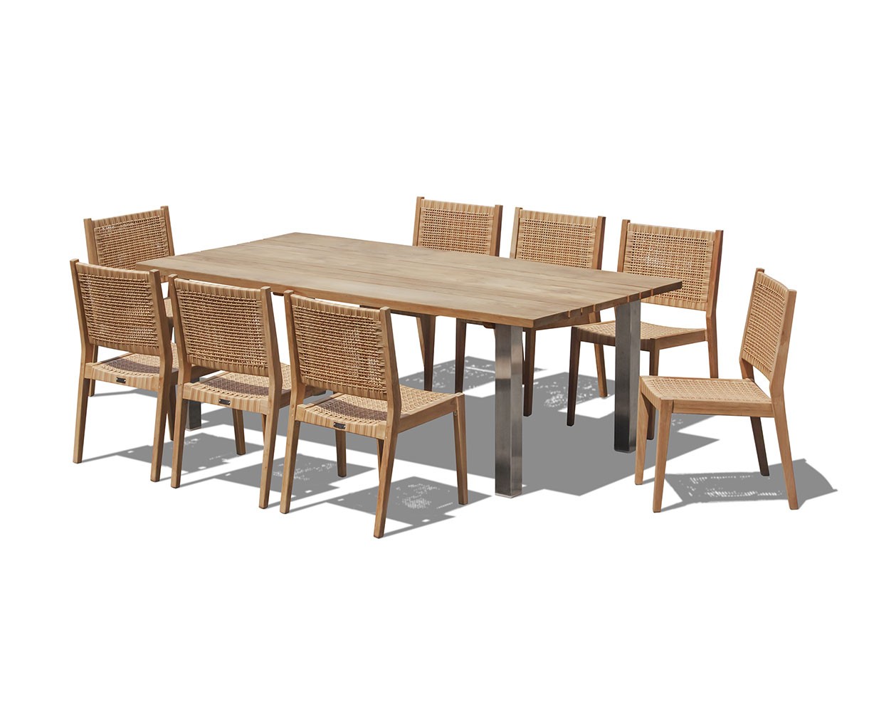 Marina Teak 220cm Garden Table and 8 Sora Stacking Chairs