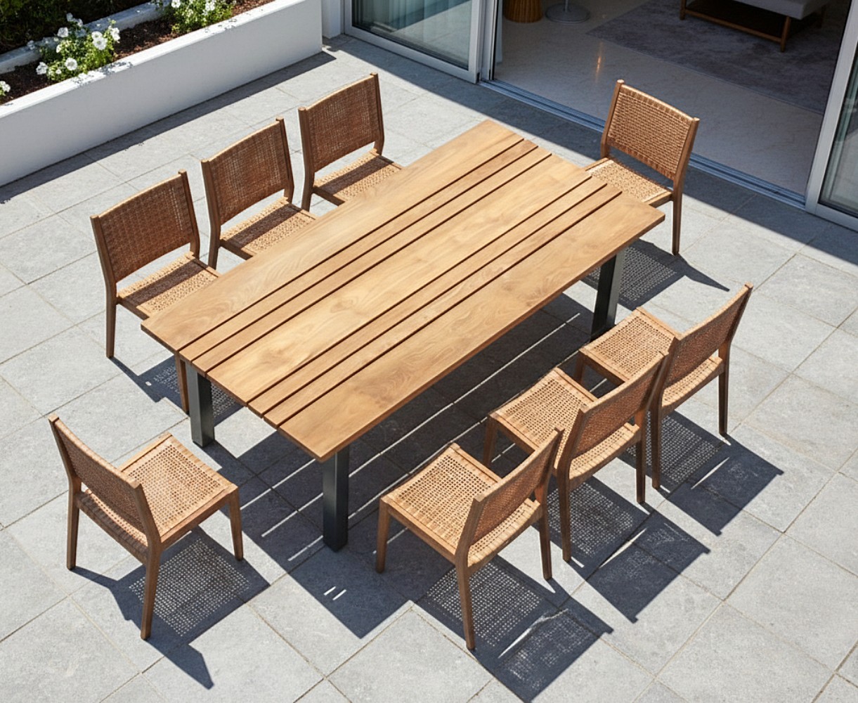 Marina Teak 220cm Garden Table and 8 Sora Stacking Chairs