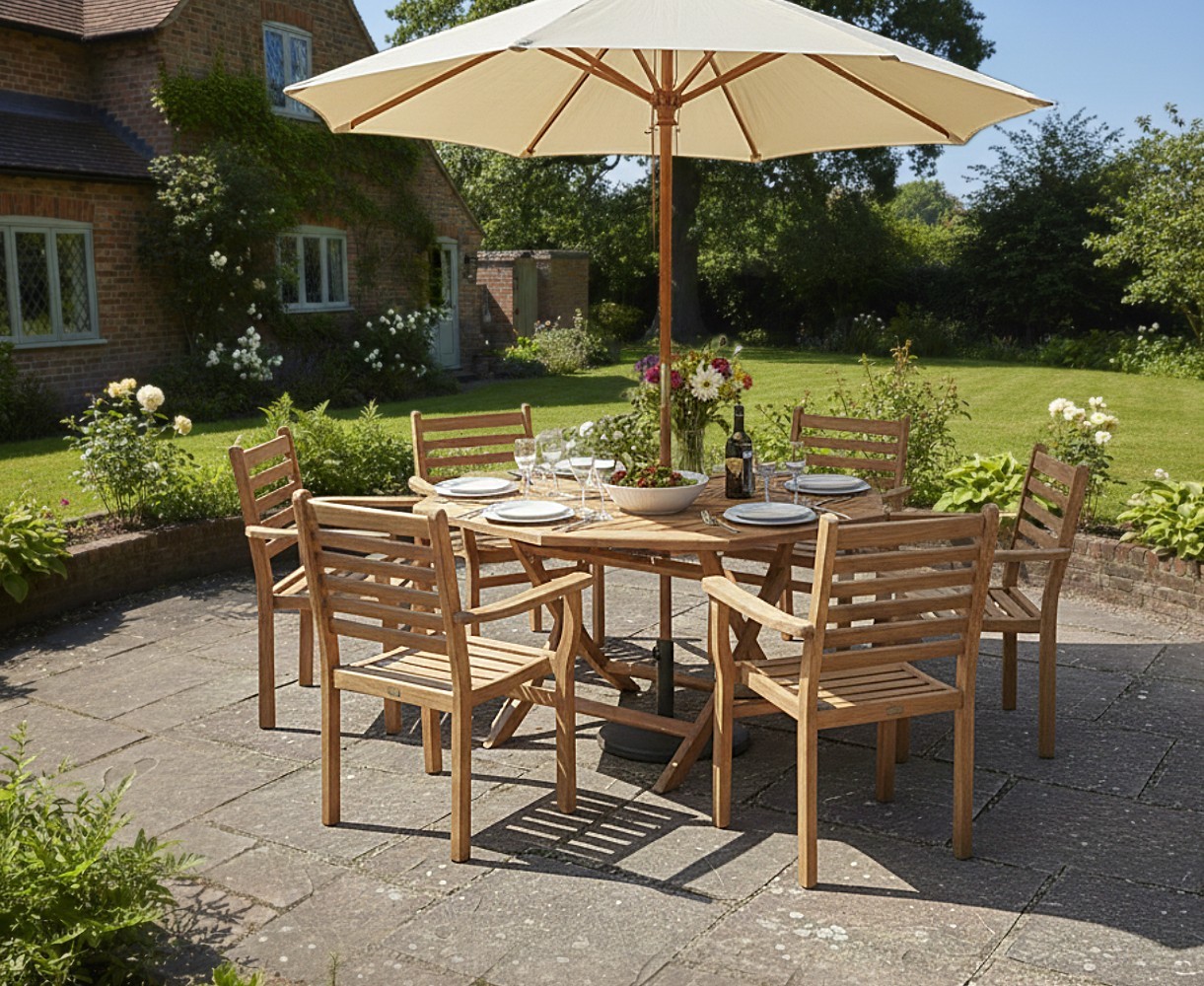 Suffolk Teak 6 Seat Octagonal Folding Table and Stacking Chairs Set