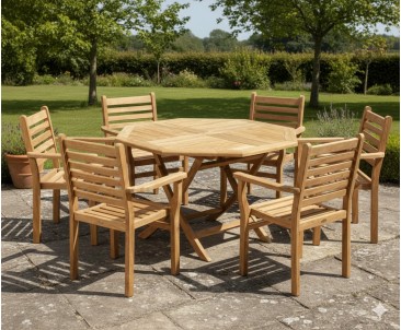 Suffolk Teak 6 Seat Octagonal Folding Table and Stacking Chairs Set