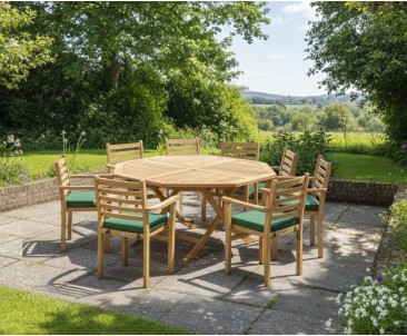 Suffolk Teak 8 Seat Octagonal Folding Table and Stackable Chairs Set