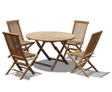 Suffolk Teak Round Folding Table and 4 Chairs Set - Outdoor Patio Teak Dining Set